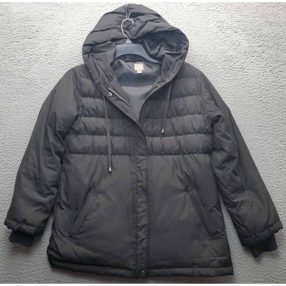 J. Jill Puffer Down Jacket Womens S Black Quilted Hooded Winter Warm Full Zip